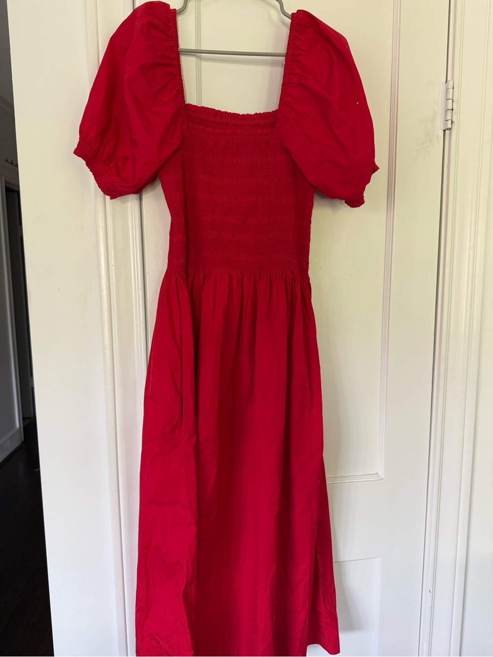 Madewell Red Puff Sleeve Smocked Midi Dress - Picture 2 of 7